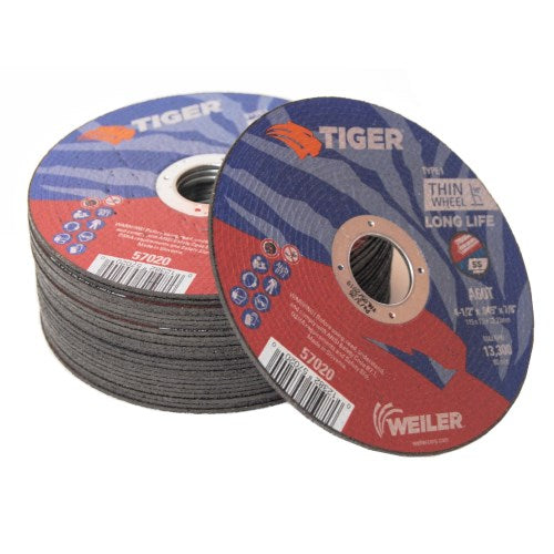 Weiler 57020 - 25 Pack, 4-1/2" X .045" Tiger AO Type 1 Cut-off Wheel, A60T, 7/8" A.H.