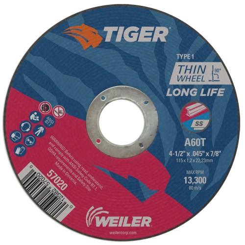 Weiler 57020 - 25 Pack, 4-1/2" X .045" Tiger AO Type 1 Cut-off Wheel, A60T, 7/8" A.H.