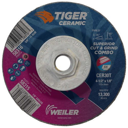 Weiler Tiger Inox Cutting Wheel 58113 - Type 27 - Depressed Center Wheel - 6 in - 60 - S