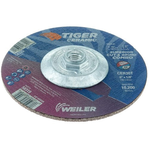 Weiler 6" x 1/4" Tiger Ceramic Type 27 Grinding Wheel CER24R 5/8-11 Nut 58330