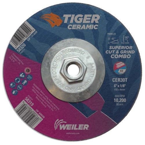 Weiler 58316 4-1 / 2 x 1/8 Tiger Ceramic Type 27 Cut Off / Grind Combo Wheel CER30T 5 / 8-11 - Nut (10 pcs)