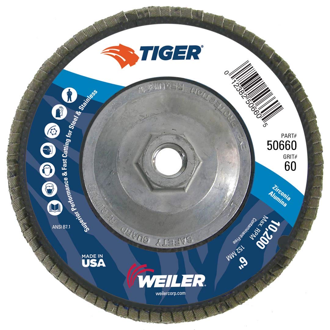 Weiler "6" Tiger Disc abrasive flap disc, conical (TY29), phenolic backing, 60Z, 5/8"-11 UNC nut. 50660