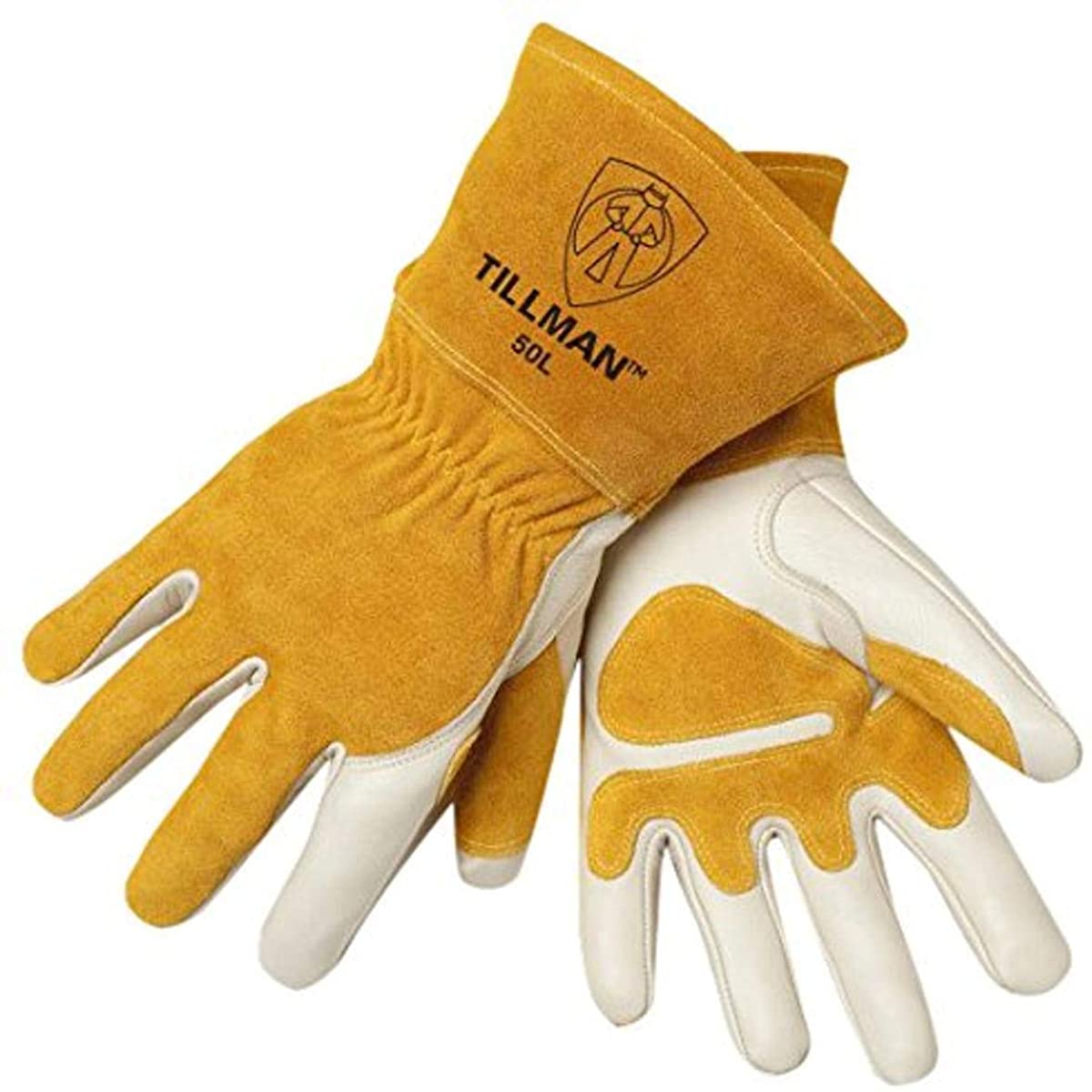 Tillman Medium 14'' Pearl Top Grain Side Split Cowhide Fleece Lined Premium Grade MIG Welders Gloves With Gauntlet Cuff, Seamless Index Finger And Elastic Back (Carded)