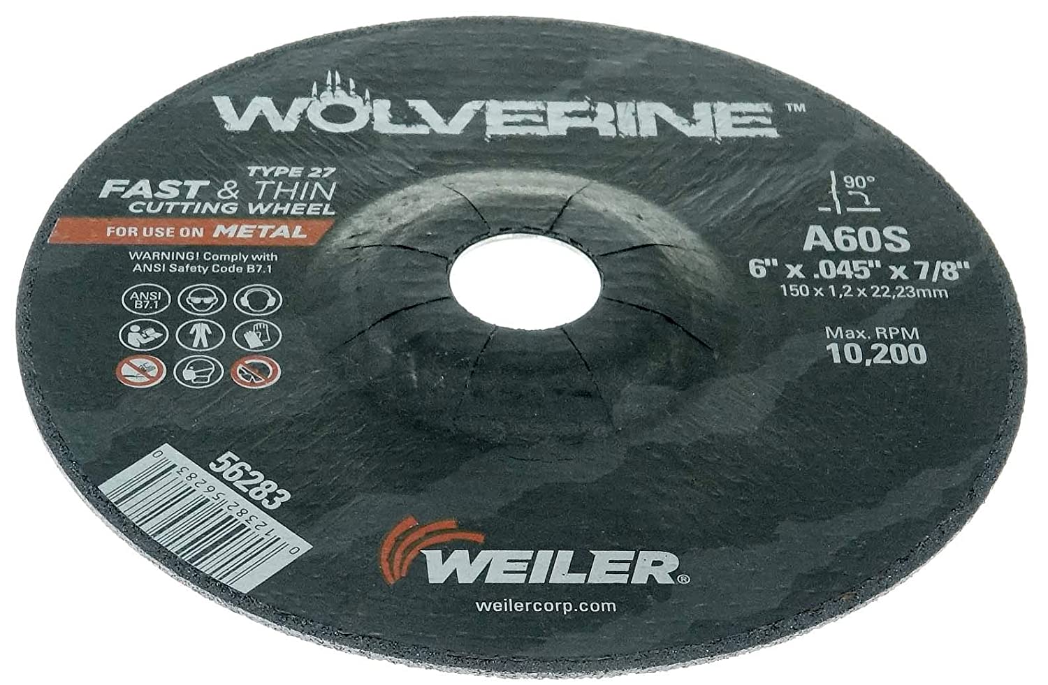 Weiler 6" x .045" Wolverine Type 27 Cutting Wheel, A60S, 7/8" A.H. 56283