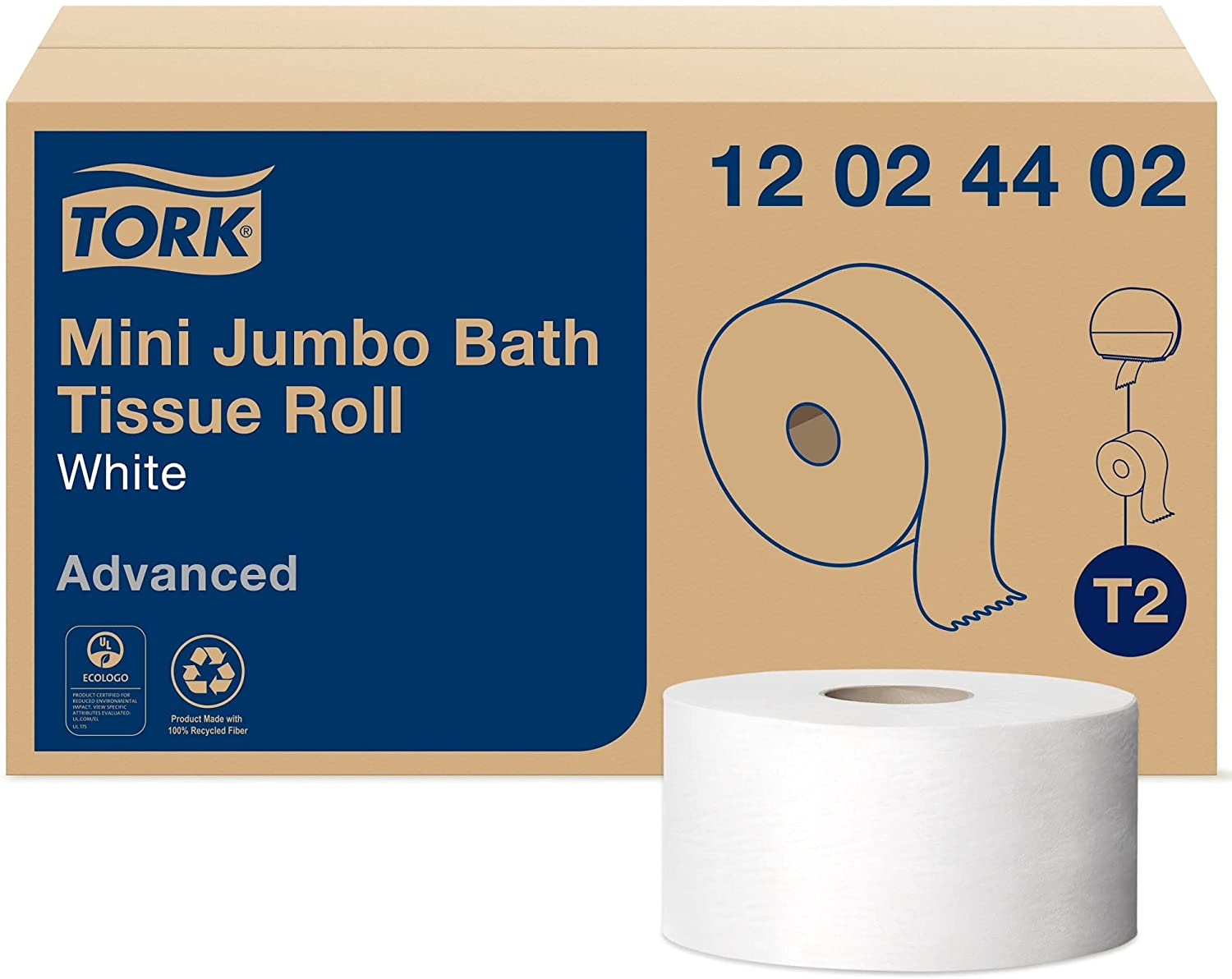 Tork 12024402 Mini-Jumbo Roll Bath Tissue, Septic Safe, White, 2-Ply, 751 ft. Rolls, 12 Rolls/Case