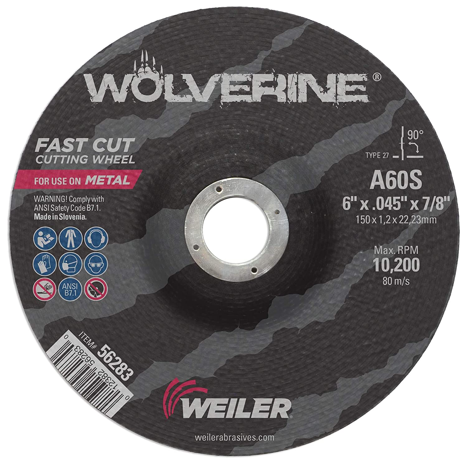 Weiler 6" x .045" Wolverine Type 27 Cutting Wheel, A60S, 7/8" A.H. 56283