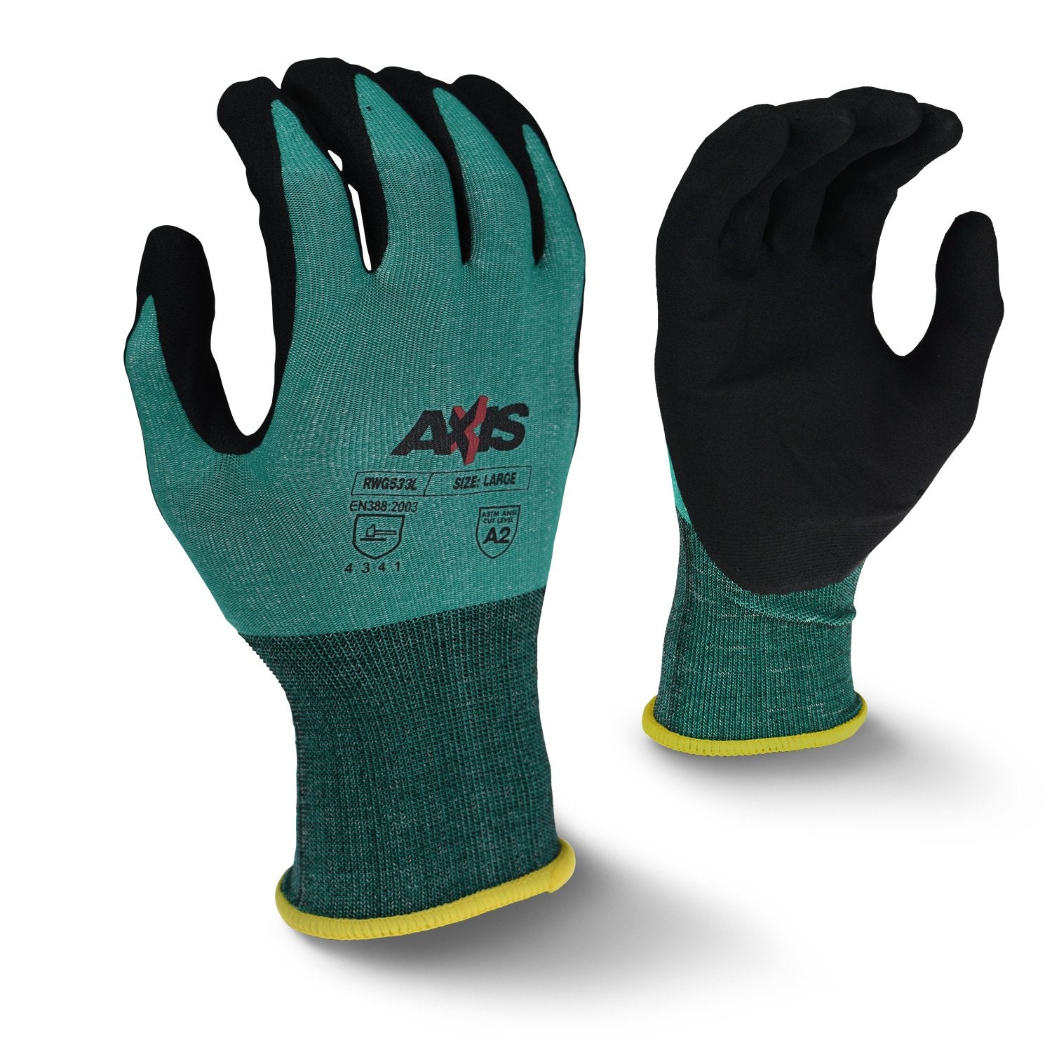 Radians AXIS Cut Protection Level A2 Foam Nitrile Coated Gloves, Medium, Green RWG533-2X