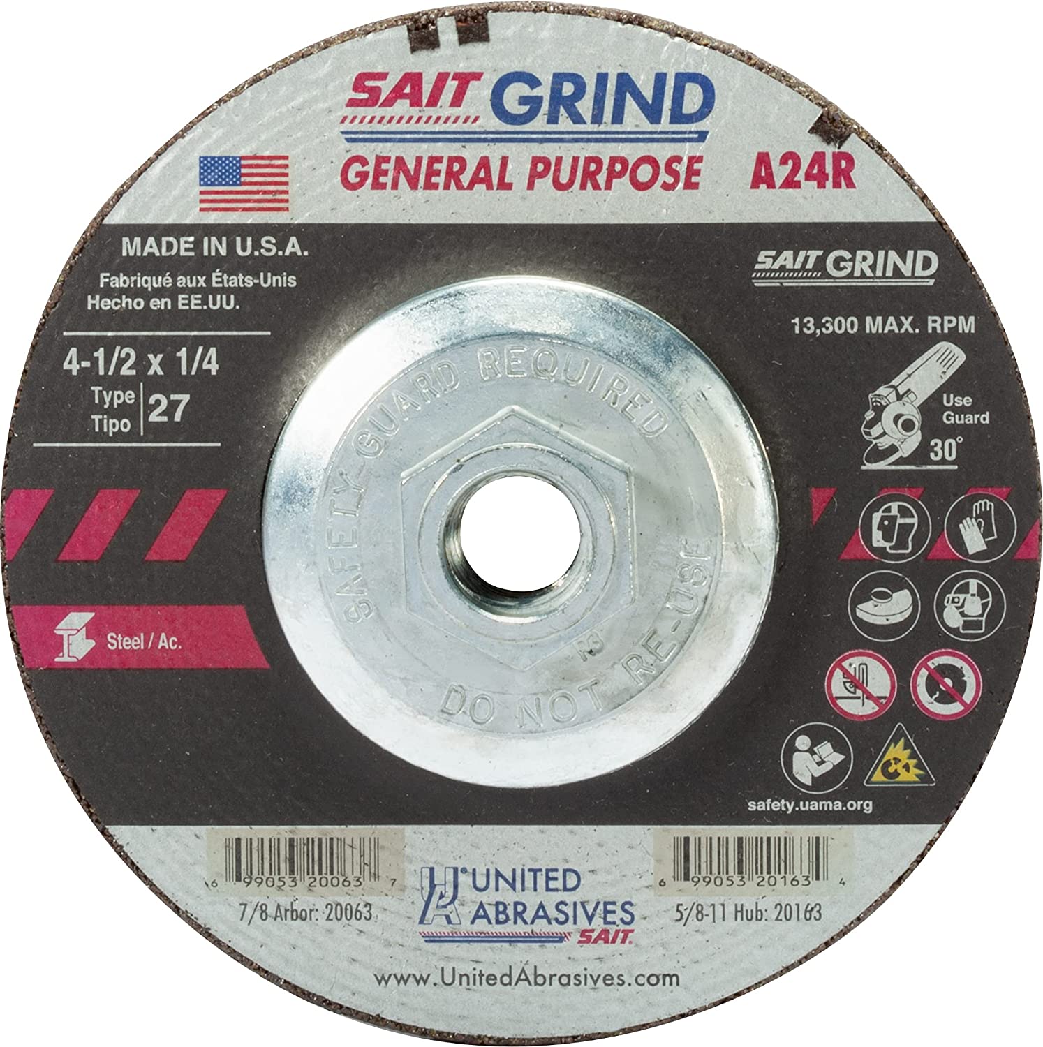 United Abrasives  Sait 20163 A24R - Grinding Wheel (Metal, 4-1 / 2 x 1/4 x 5 / 8-11), Black