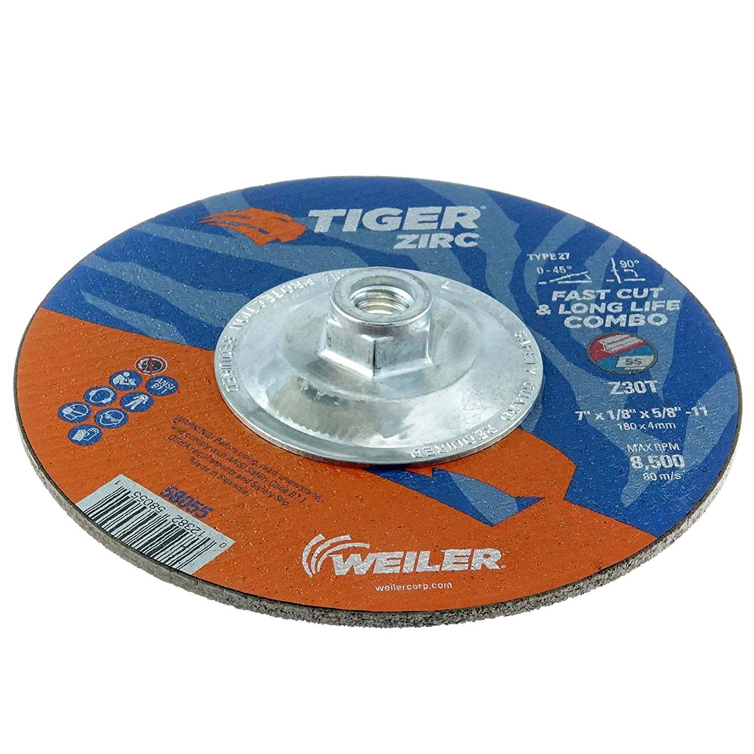 Weiler  58055 7" x 1/8" Tiger Zirc type 27 cut/grind combo wheel, Z30T, 5/8"-11 nut.