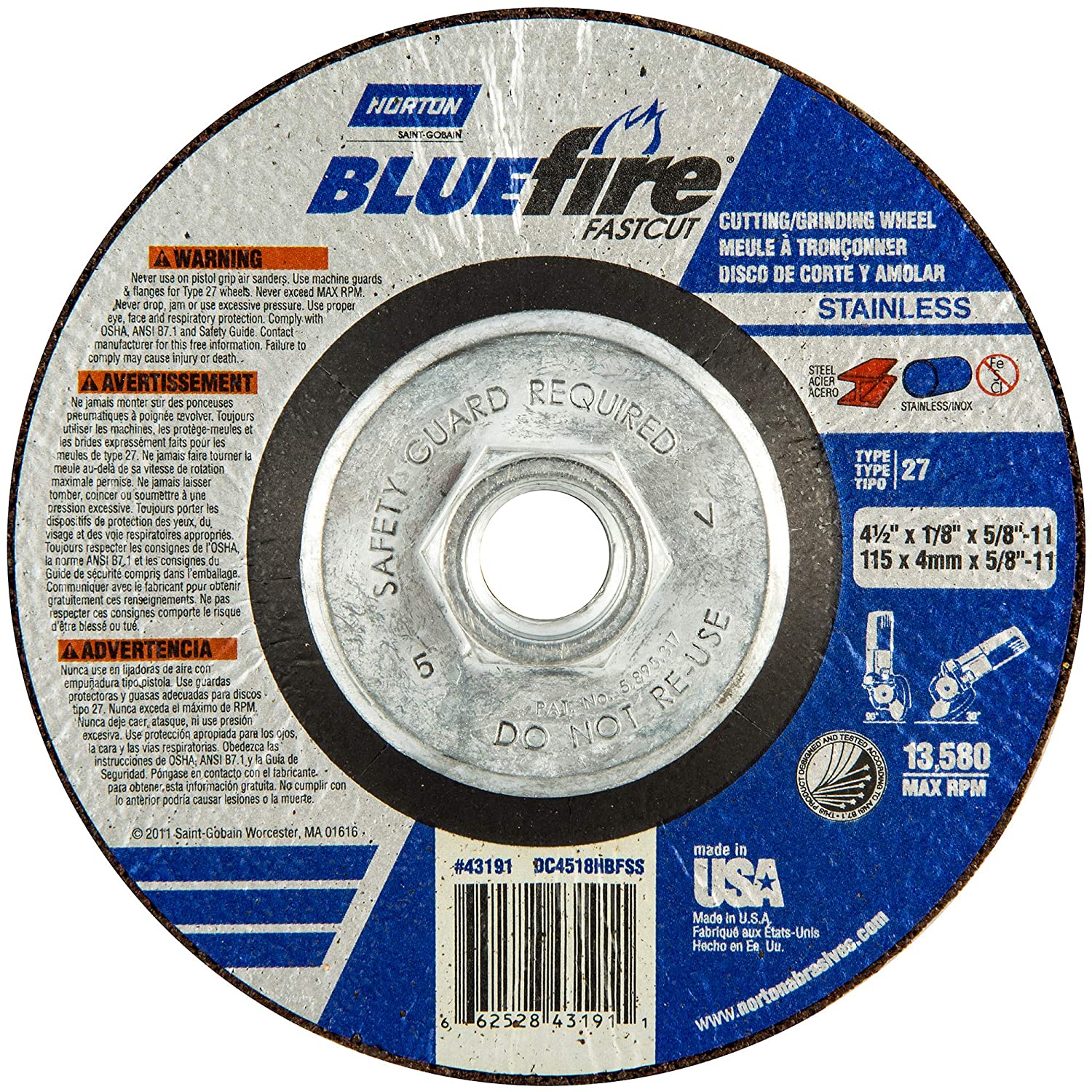 Norton 66252843191 4-1/2x1/8x5/8 - 11 In. BlueFire FastCut INOX/SS ZA/AO Grinding And Cutting Wheels, Type 27, 30 Grit