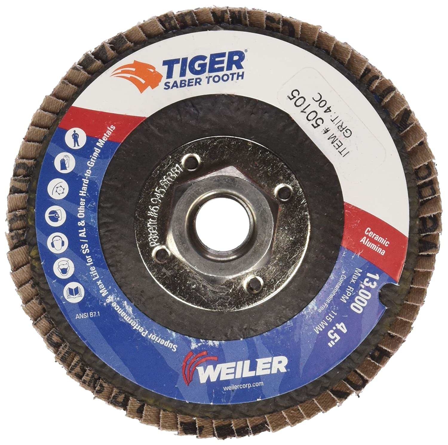 Weiler 4-1/2" Tiger Ceramic Abrasive Flap Disc, Conical (TY29), Phenolic Back, 40C, 5/8"-11 UNC Nut 50105