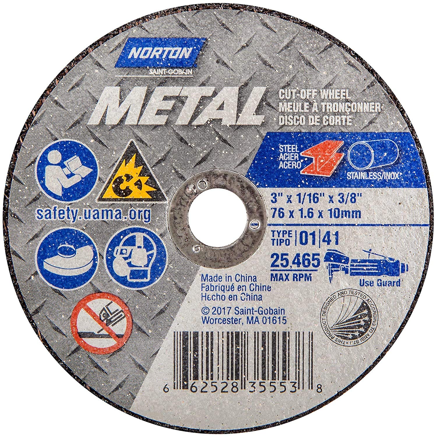 Norton 66252835553 3x1/16x3/8 in. Metal AO Small Diameter Reinforced Cut-Off Wheels, Type 01/41, 36 Grit