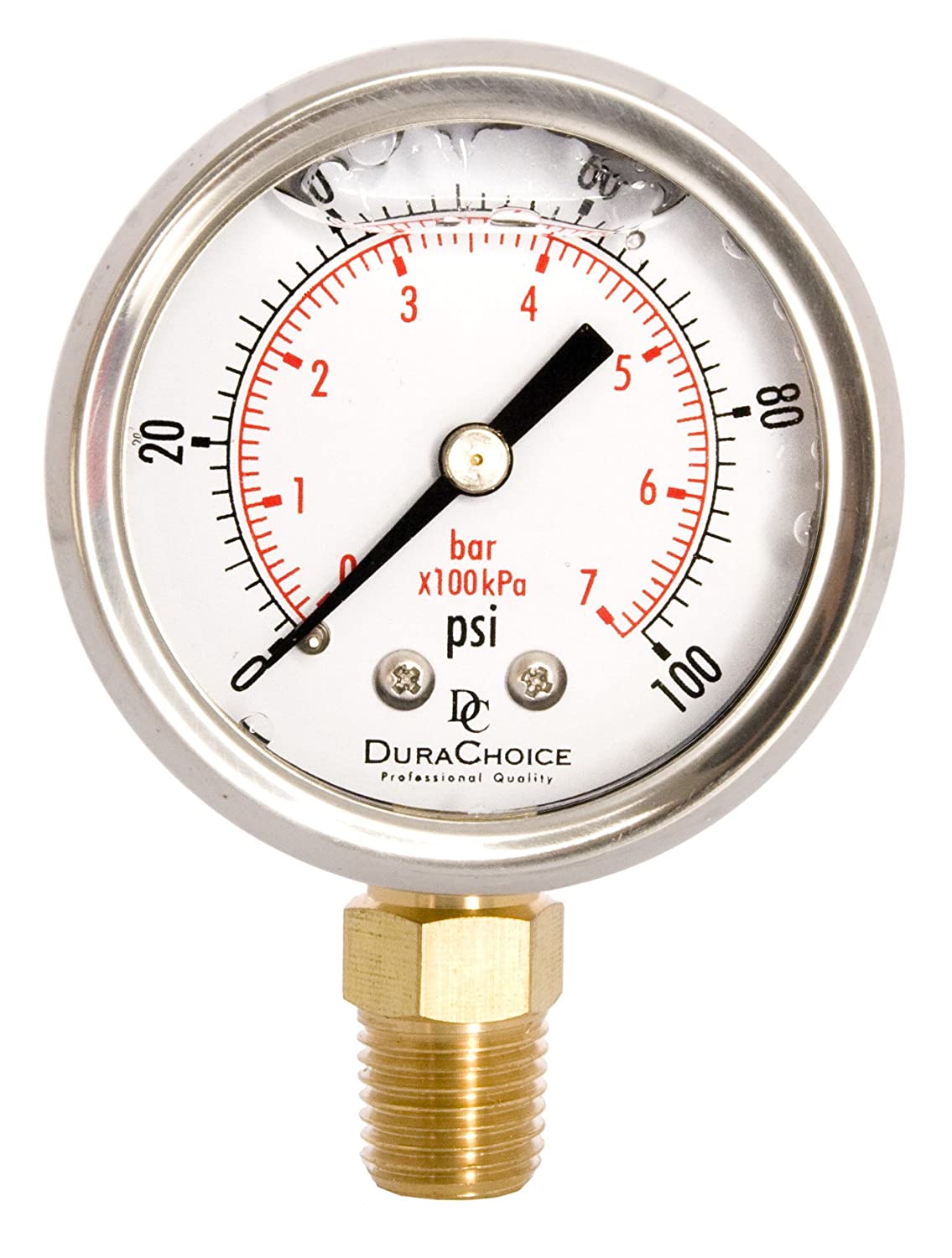 DuraChoice 2" Oil Filled Pressure Gauge - Stainless Steel Case, Brass, 1/4" NPT, Lower Mount Connection, 0-100PSI (PB204L-100)