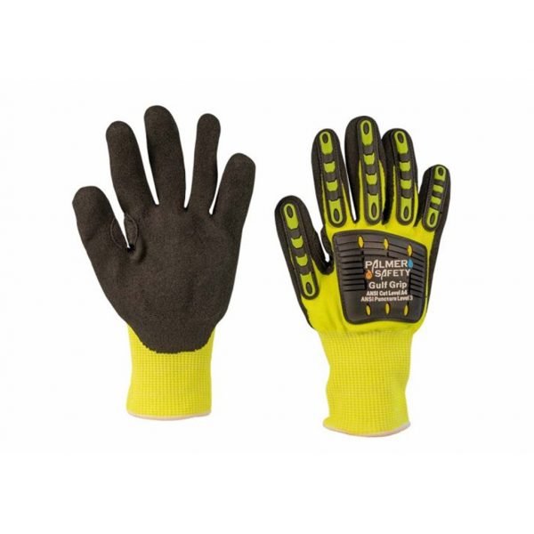 Palmer Safety G4564 2X-Large 13-Gauge, Hi-Vis Lime Polyester Shell, TPR Protectors, Interior Foam Palm Padding, Black Sandy Nitrile Palm Coating