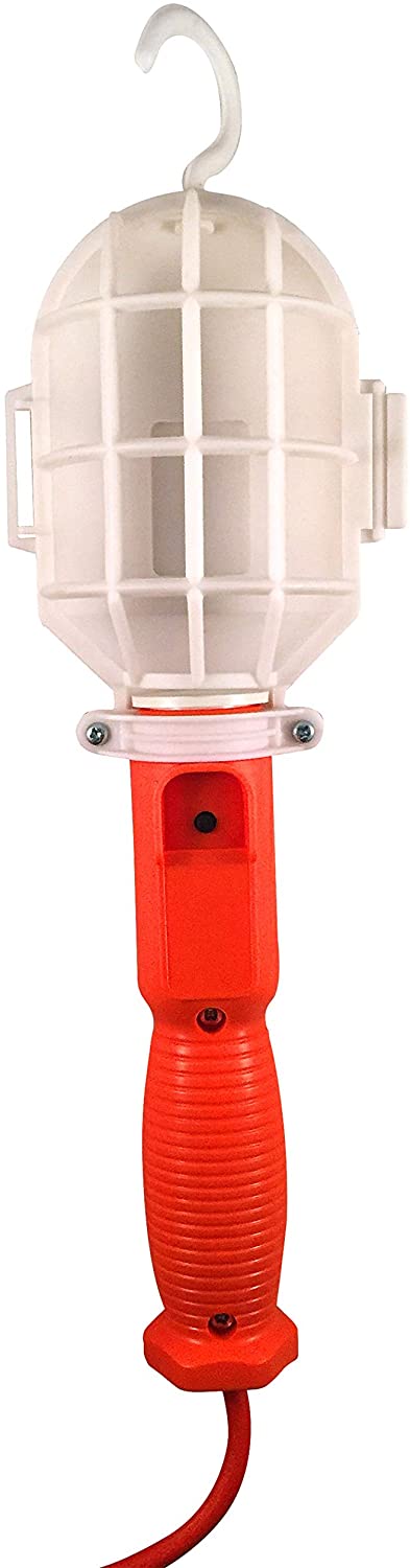 US Wire & Cable Three Conductor Trouble Lights, SJT Round Orange Wire Grounded Plug & Plastic Guard, On/Off Switch, Outlet on Handle, UL. 25ft Cord (TL325)