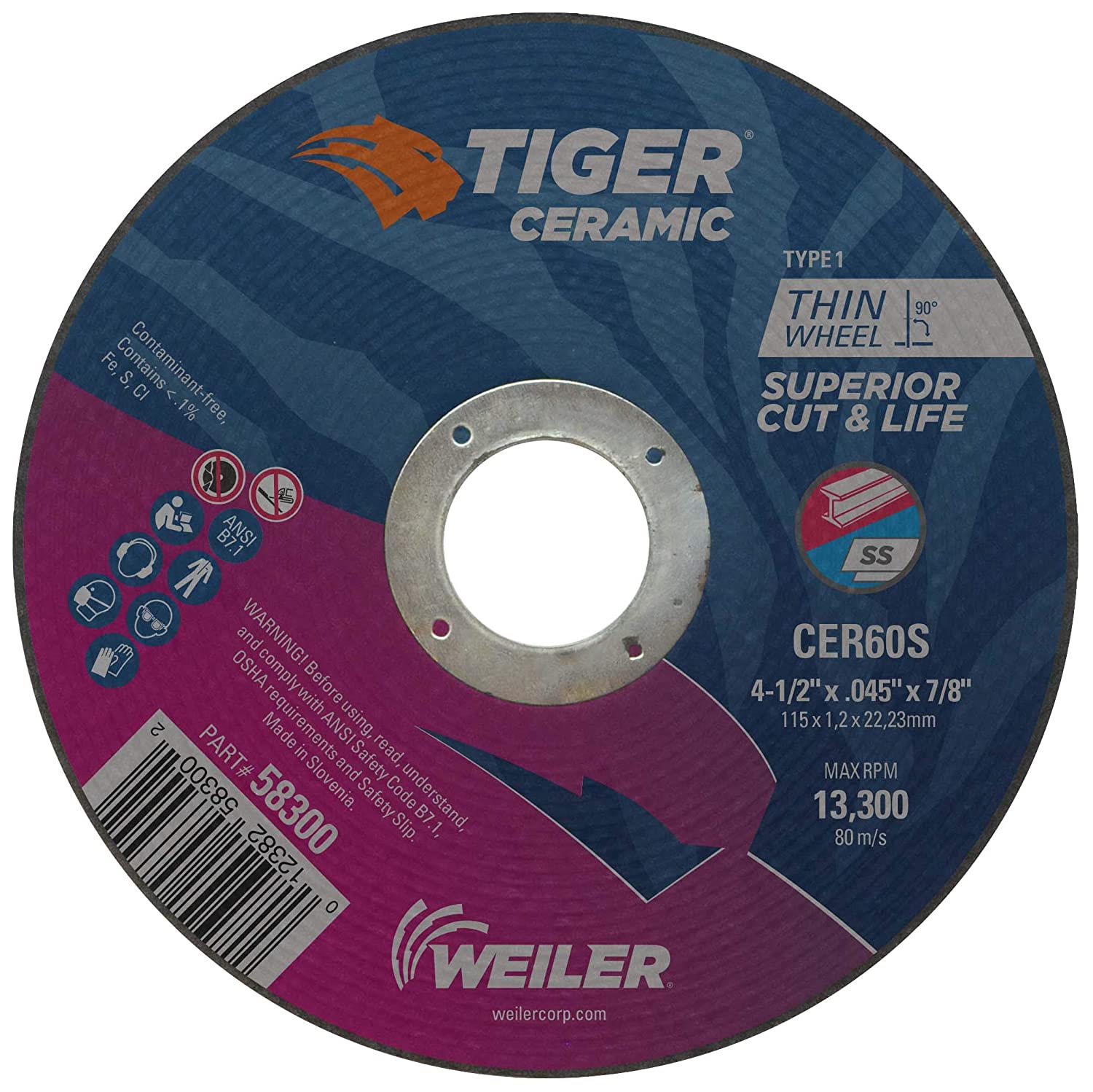 Weiler 4-1/2" x .045" Weiler TIGER CERAMIC Type 1 Cut-Off Wheel CER60S 7/8 A.H. 58300