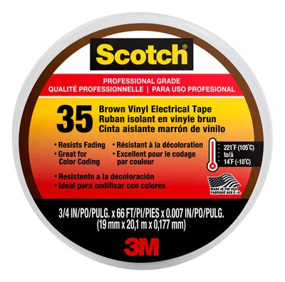 3M Scotch 35 Brown PVC Insulating Tape - 3/4 in x 66 ft - 0.75 in Wide - 7 mil Thick - 10885