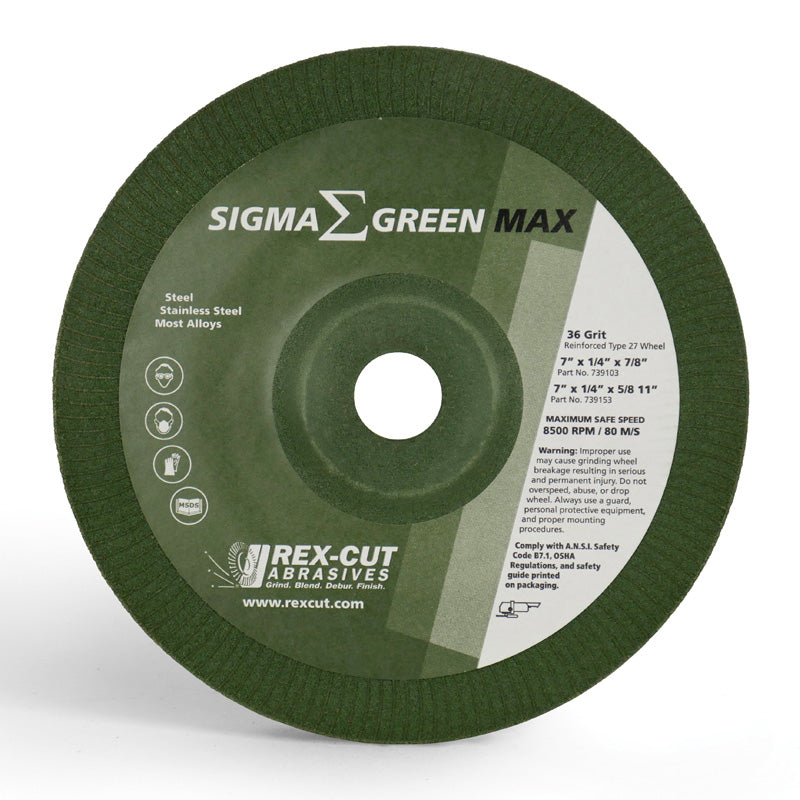 Rex-Cut Abrasives 730002 Sigma Green Grinding Wheel, 36 Grit, 4-1/2in Dia. x 5/8-11 Arbor (Pack of 10)