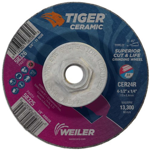 Weiler 4-1/2" x 1/4" Tiger Ceramic Type 27 Grinding Wheel CER24R 5/8-11 Nut